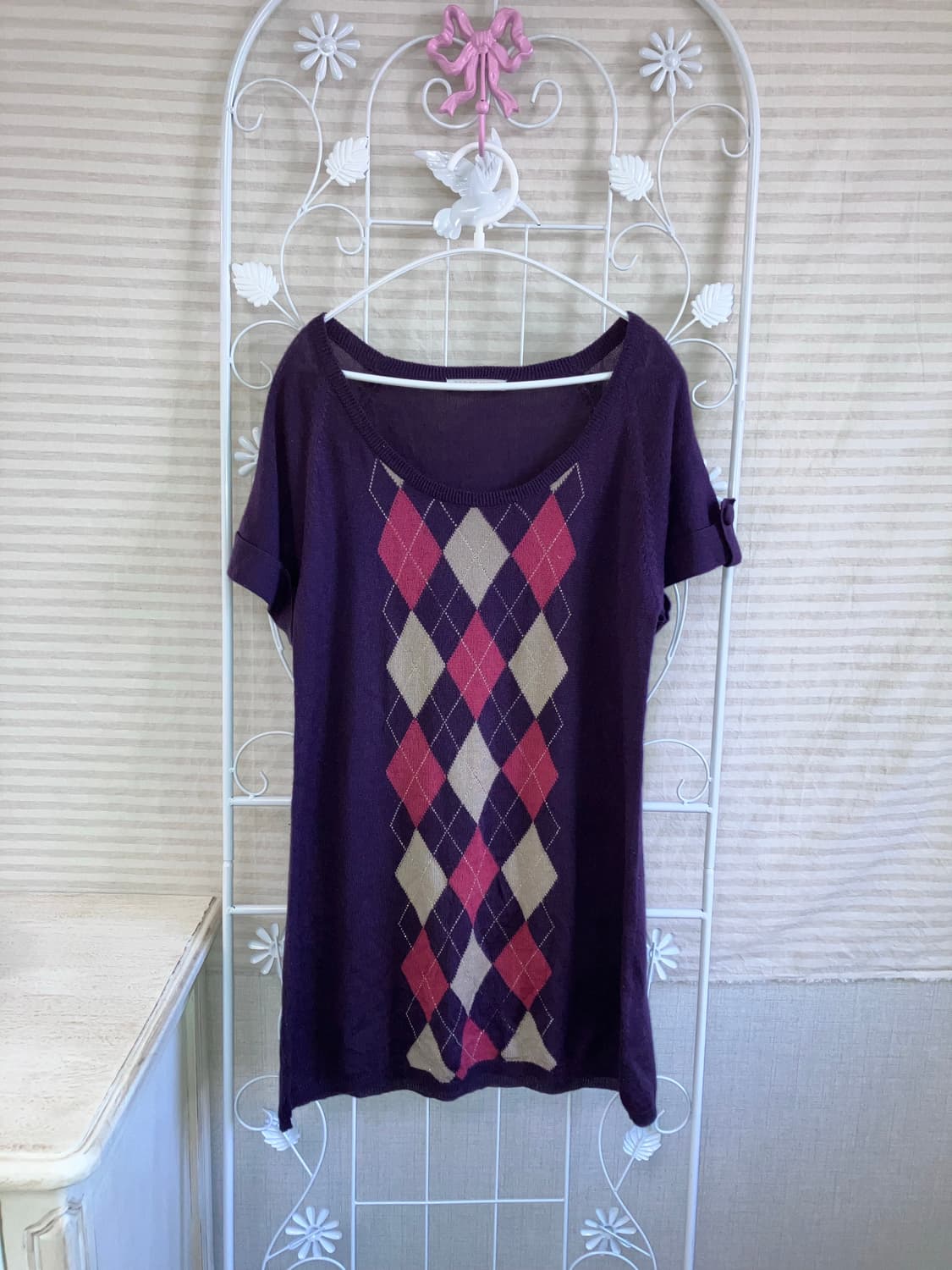 빈티지 퍼플 아가일 반팔 니트 y2k 스트릿 갸루 펑키 일본빈티지 상품이미지1