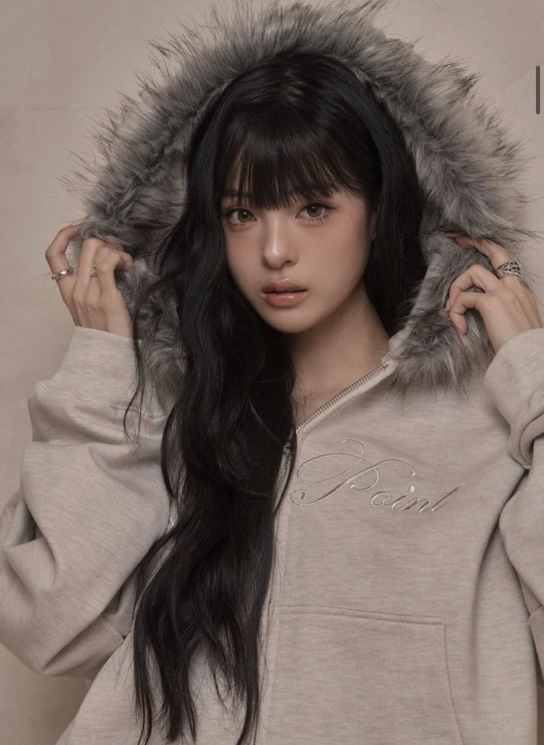 카키포인트 레터링 퍼 후드집업 오트밀 상품이미지2