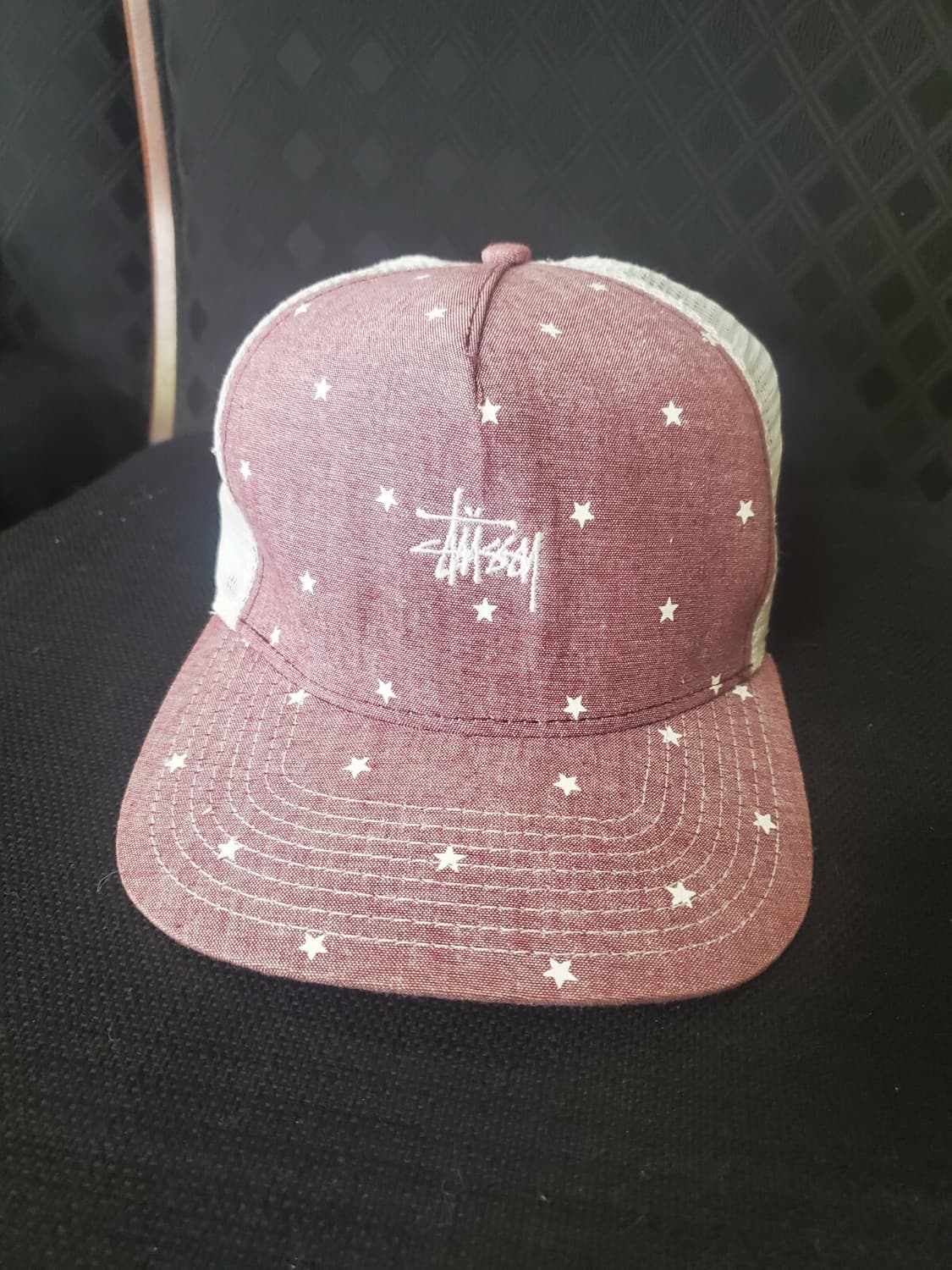 15SS 스투시 트러커 스타 패턴 캡 버건디/화이트 상품이미지1