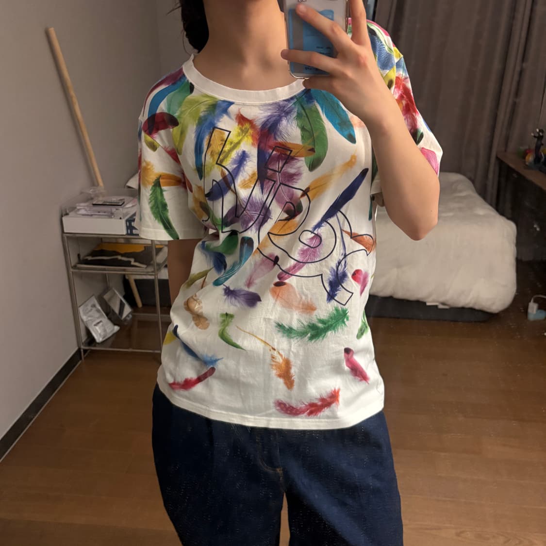 (유일매물) X girl 엑스걸 깃털 무지개 레인보우 프린팅 반팔 티 상품이미지3