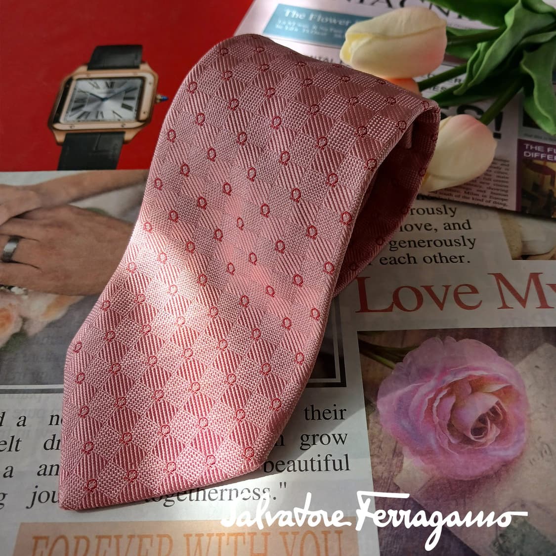 살바토레 페라가모 실크 핑크 간치니 넥타이 8.4cm A등급 A18844 상품이미지1
