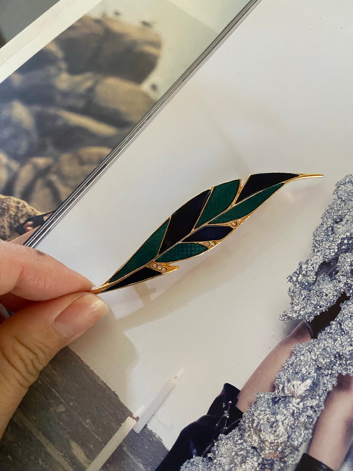 빈티지 그린 에나멜 리프 브로치 잎 상품이미지1