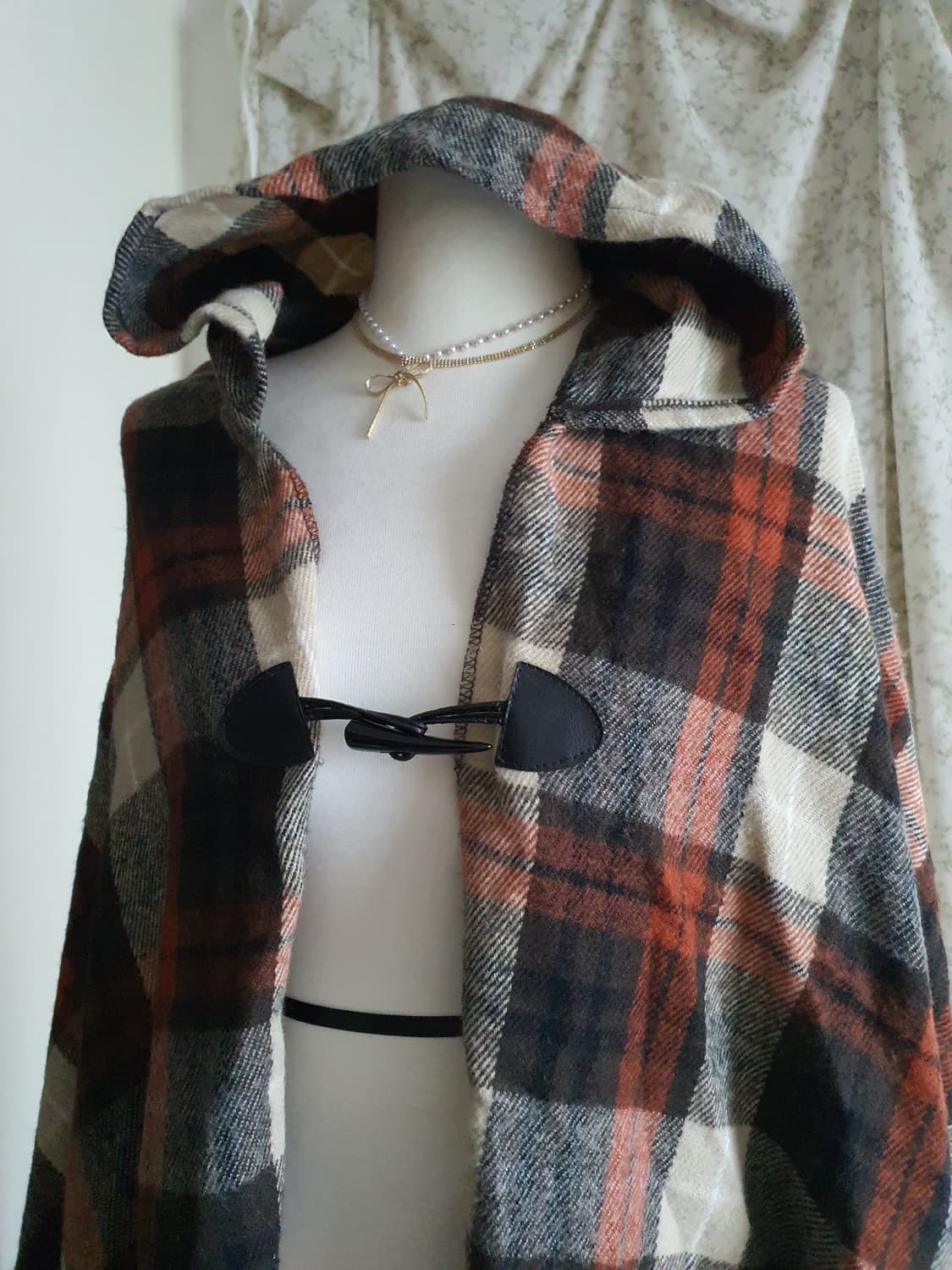 [모리걸] 체크 패턴 숄 망토 브라운 Free 상품이미지2