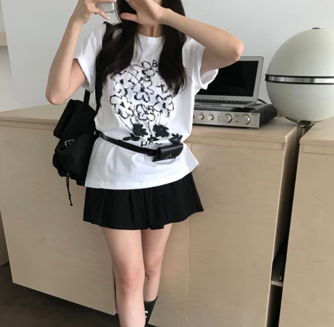 언더라임 플라워 반팔티셔츠 포켓백팩 미니 벨트 코디 세트 상품이미지4