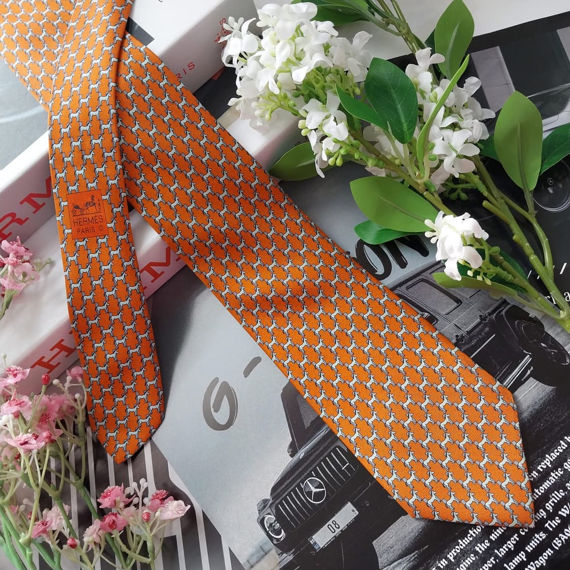 에르메스 실크 오렌지 H 마구간 모티브 넥타이 8cm A+등급 K2118 상품이미지3