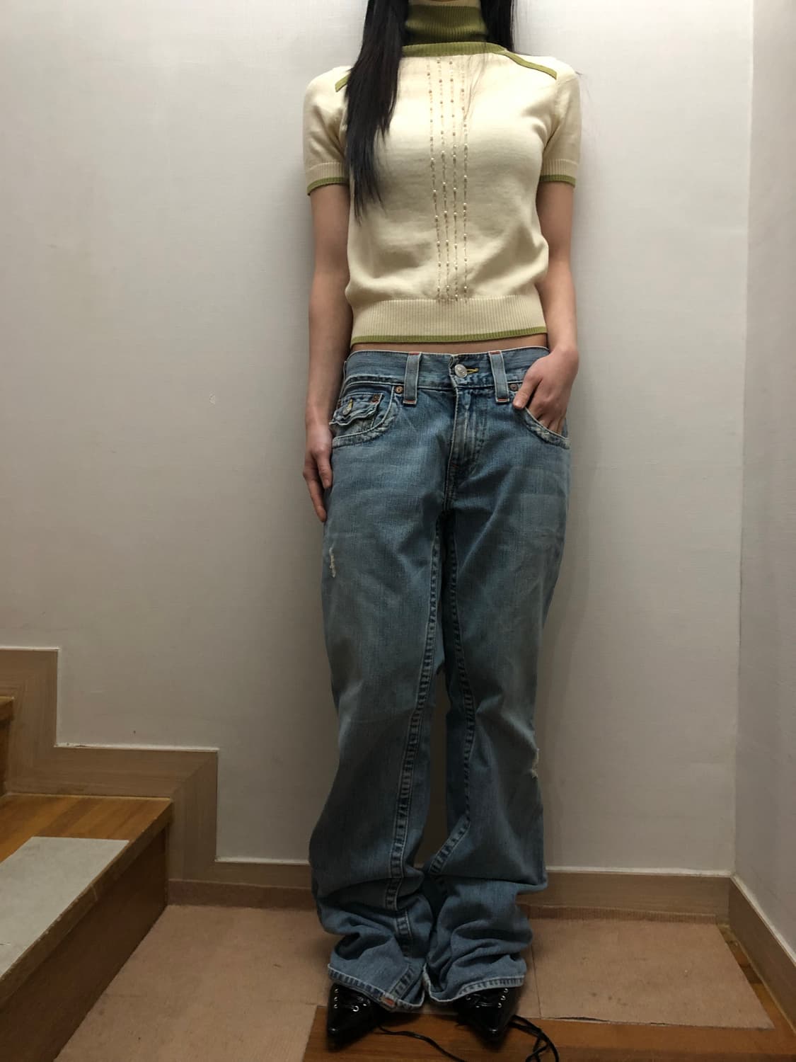 빈티지 아이보리 그린 비즈 니트 상품이미지6