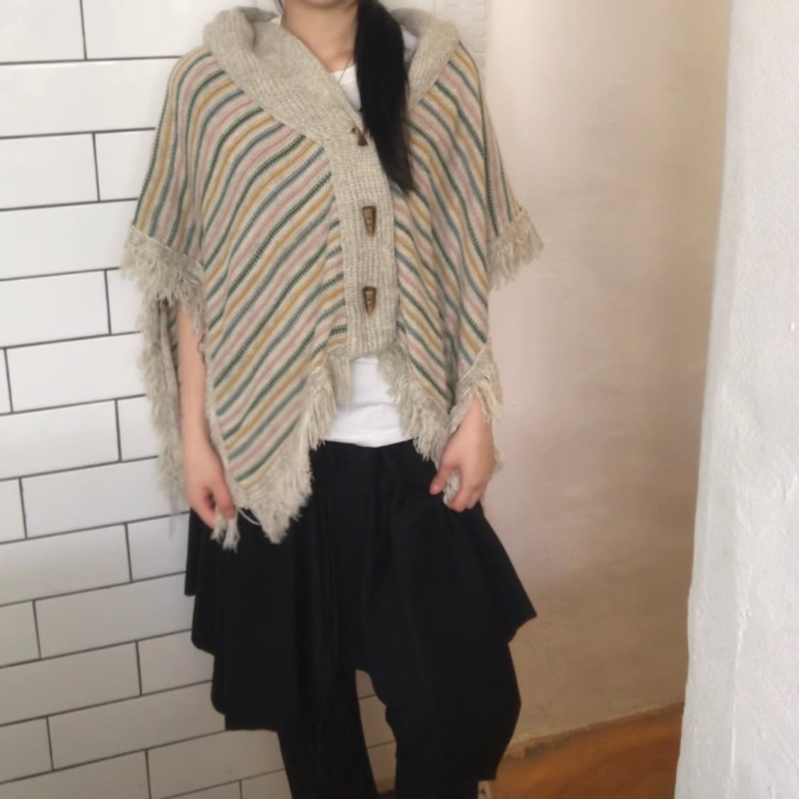 빈티지 멀티 컬러 스트라이프 니트 판초 상품이미지1