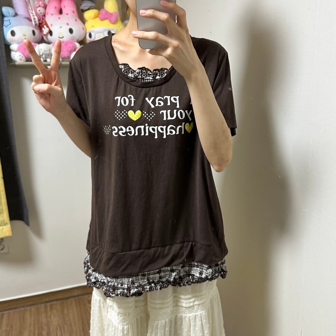 빈티지 브라운 하트 도트 레이스 티셔츠 히메갸루 모리걸 코이세이오깔 상품이미지1