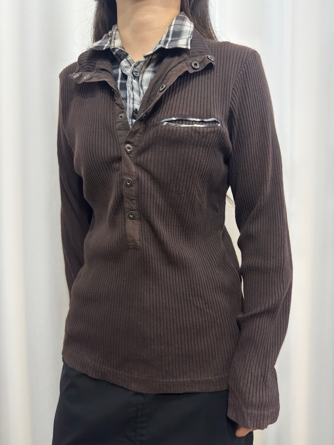 brown shirt layered top 상품이미지2