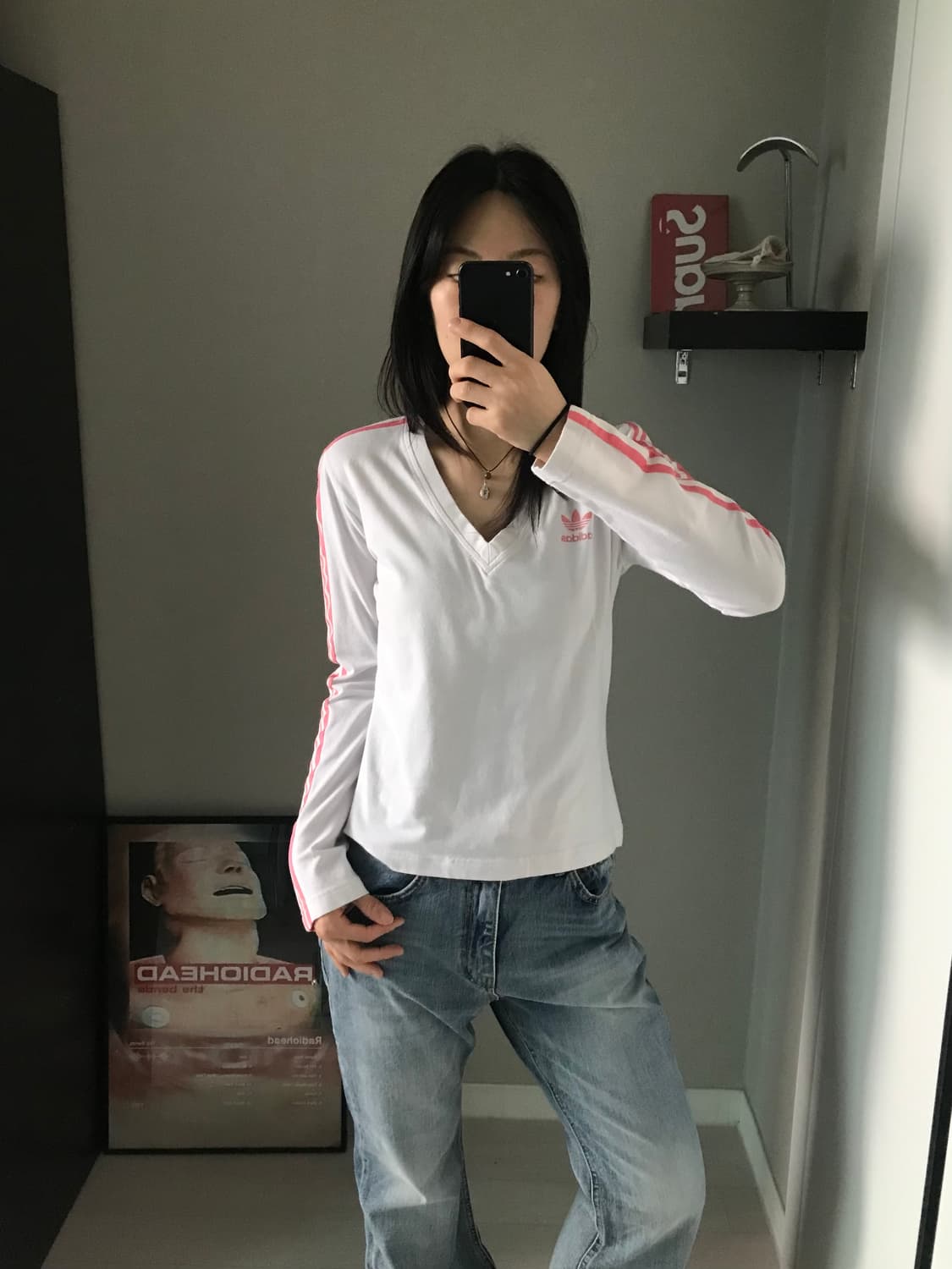 아디다스 해외판 트레포일 사이드라인 브이넥 화이트 롱슬리브티 상품이미지1