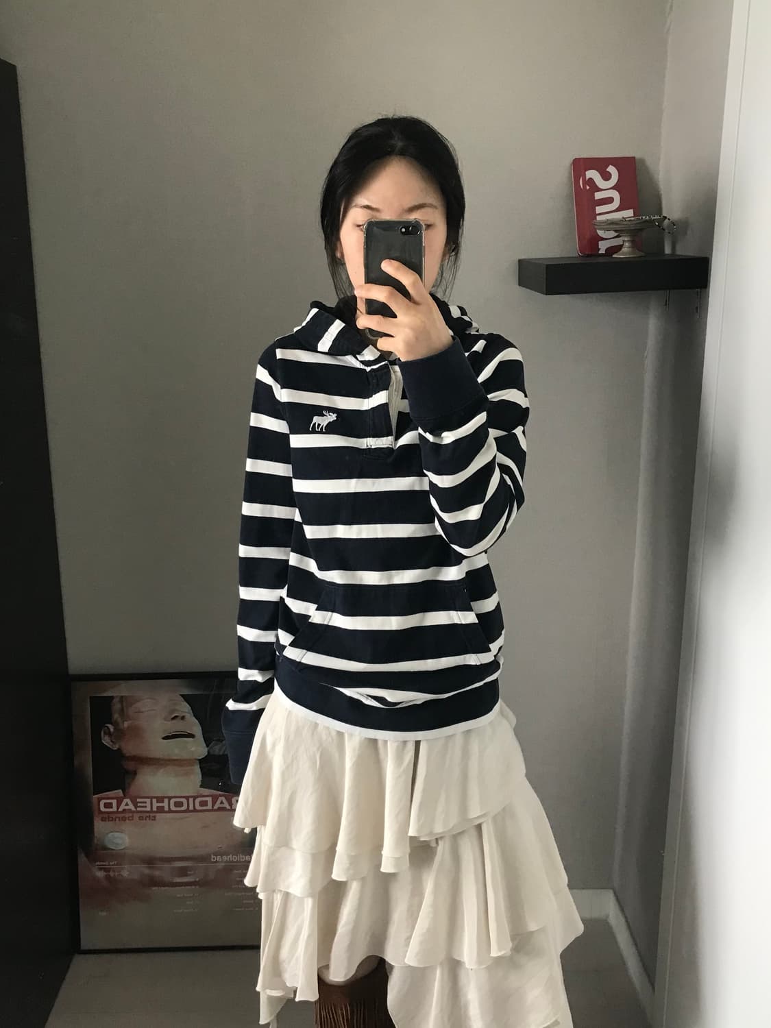 아베크롬비 산양 로고 스트라이프 반집업 버튼 후드 슬리브티 상품이미지4