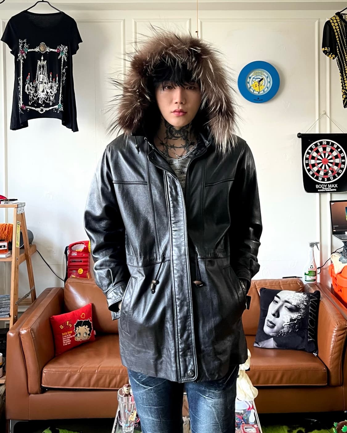 90s Vintage Fur Hood Real Leather Coat 상품이미지2