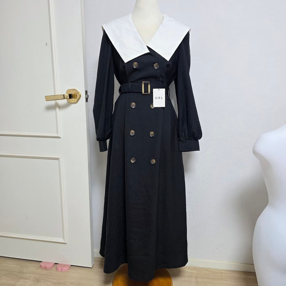 GRL 일본빈티지)스나계 세일러 블랙 빅카라 더블버튼 플레어 원피스 상품이미지3