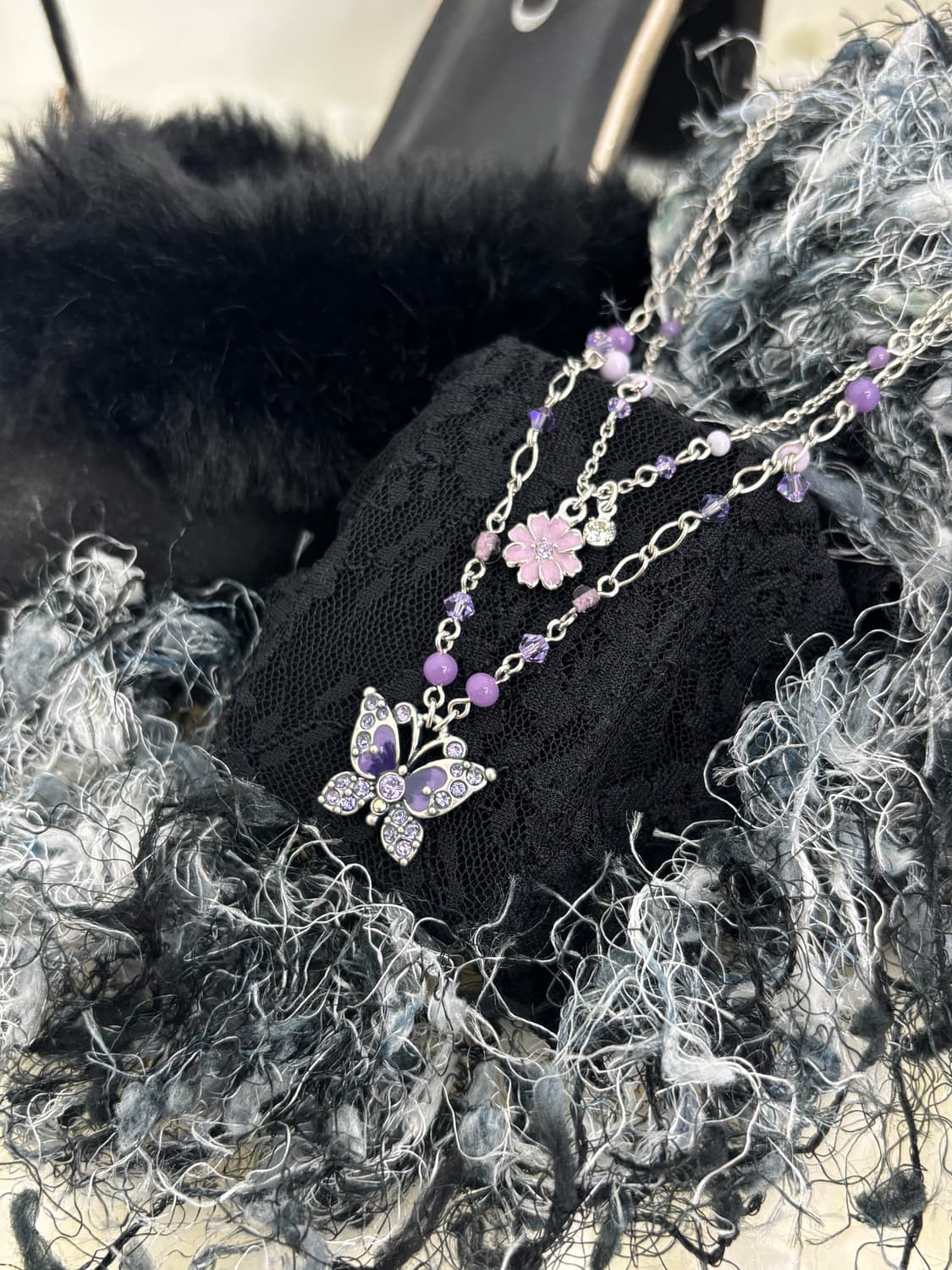 Anna Sui 퍼플 플라워 이중 레이어드 목걸이 상품이미지1