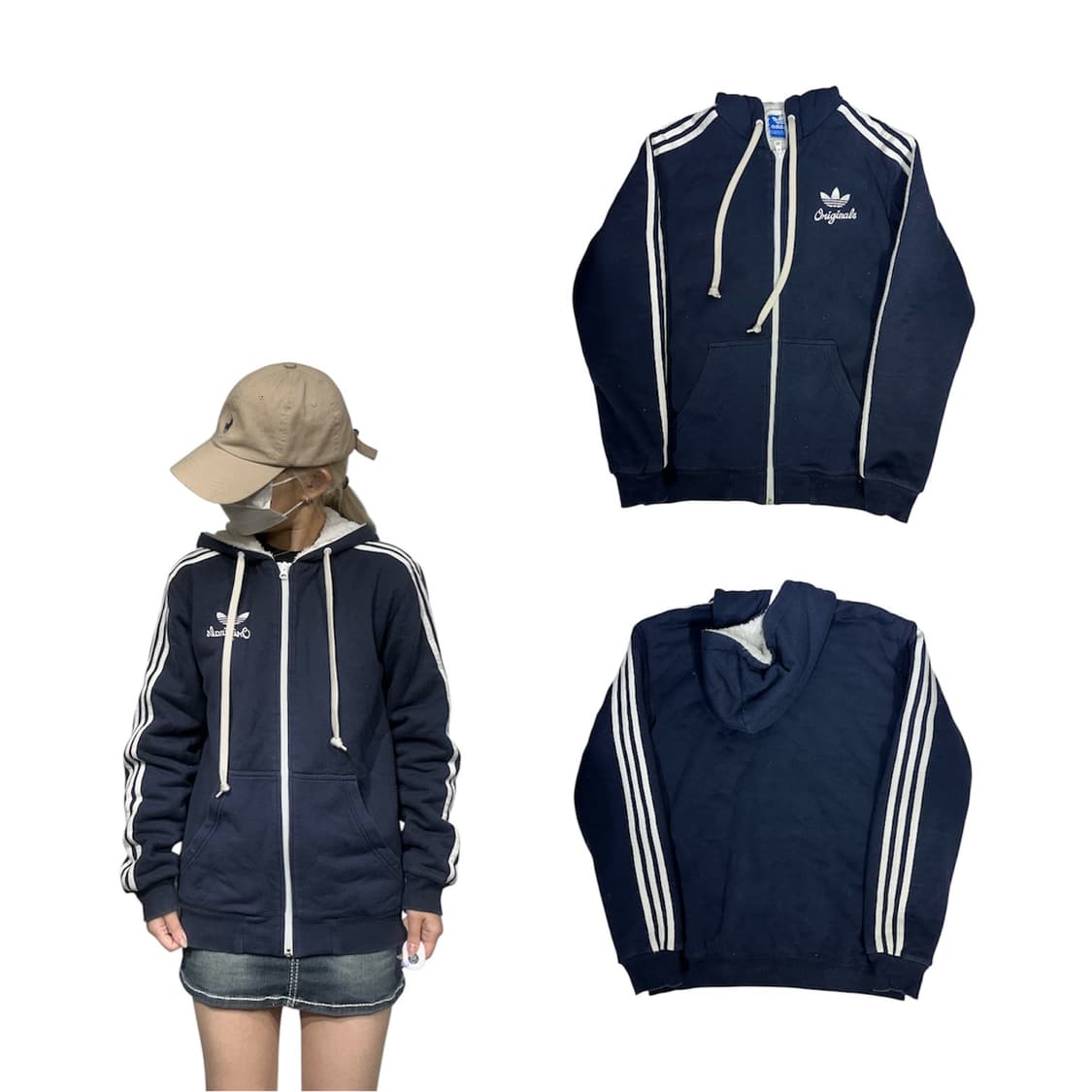 아디다스 네이비 화이트 삼선 내피 후리스 기모 후드집업 자켓 85 상품이미지1