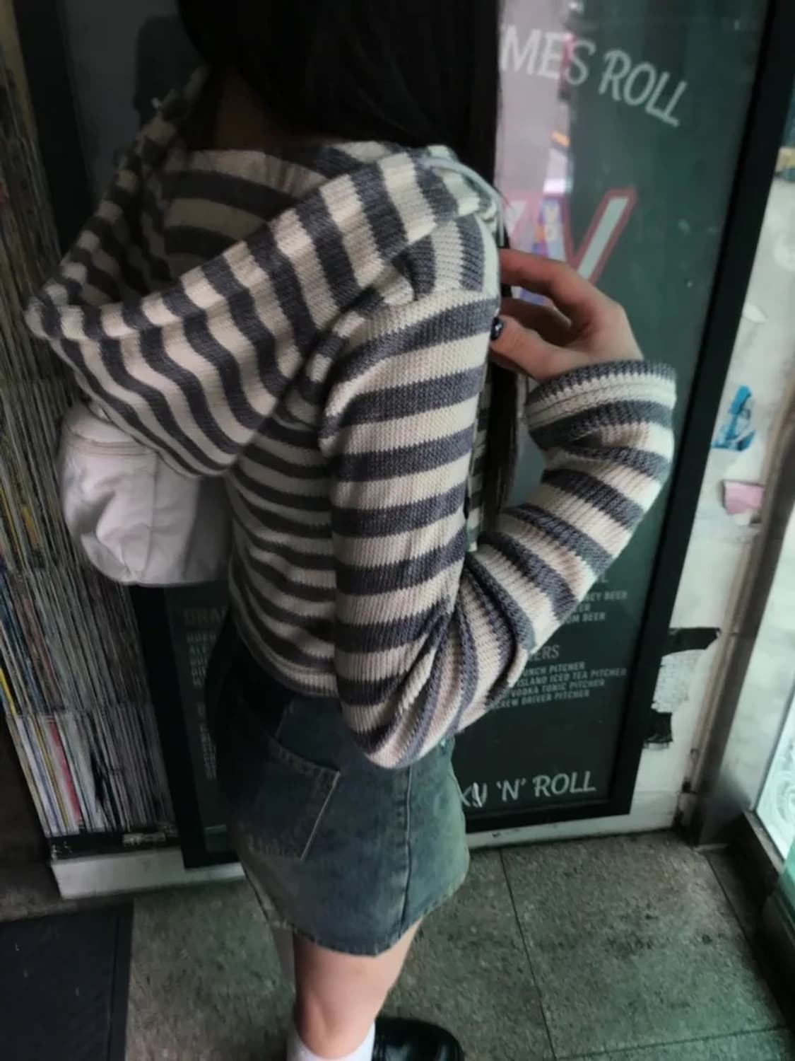 그레이 스트라이프 니트 후드집업 상품이미지2