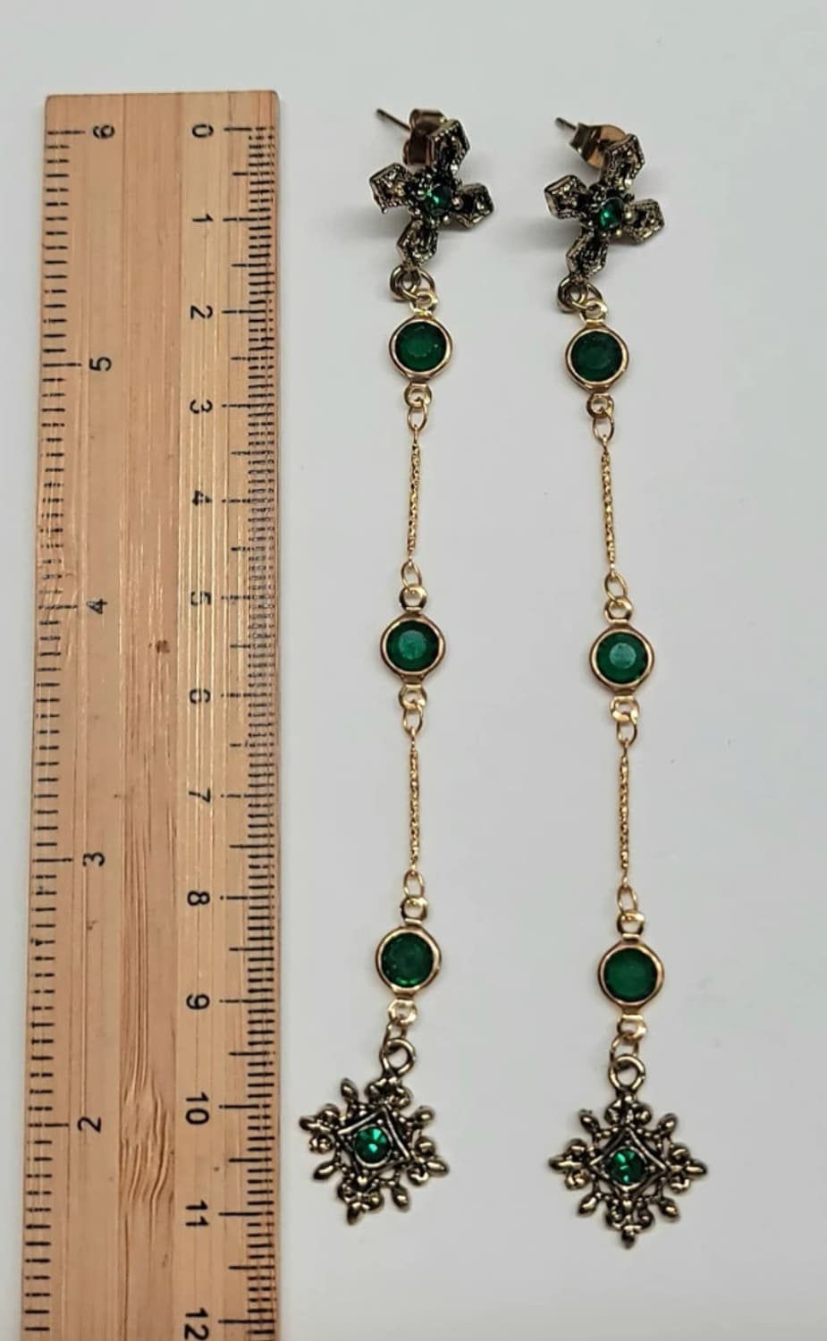 피아네 핸드메이드 크로스 드롭 귀걸이 그린 골드 초록 이어링 상품이미지1