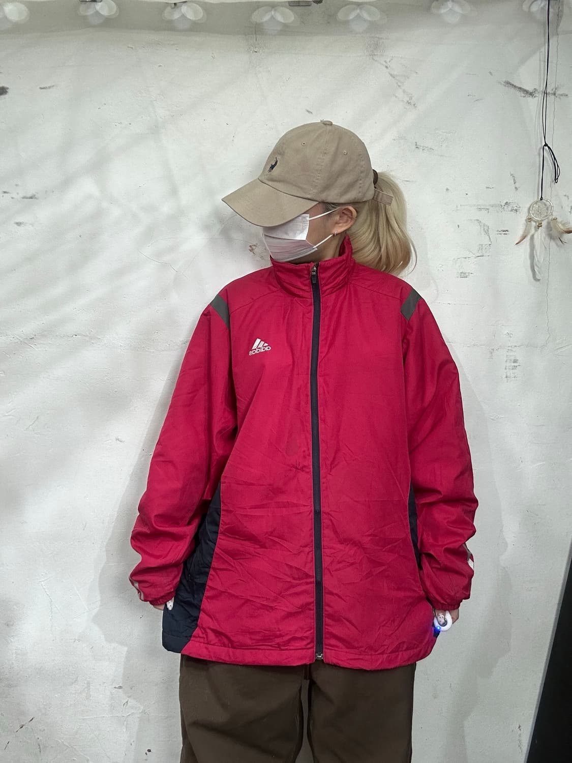 00s 아디다스 버건디 레드 삼선 오버핏 바람막이 자켓 M 상품이미지2