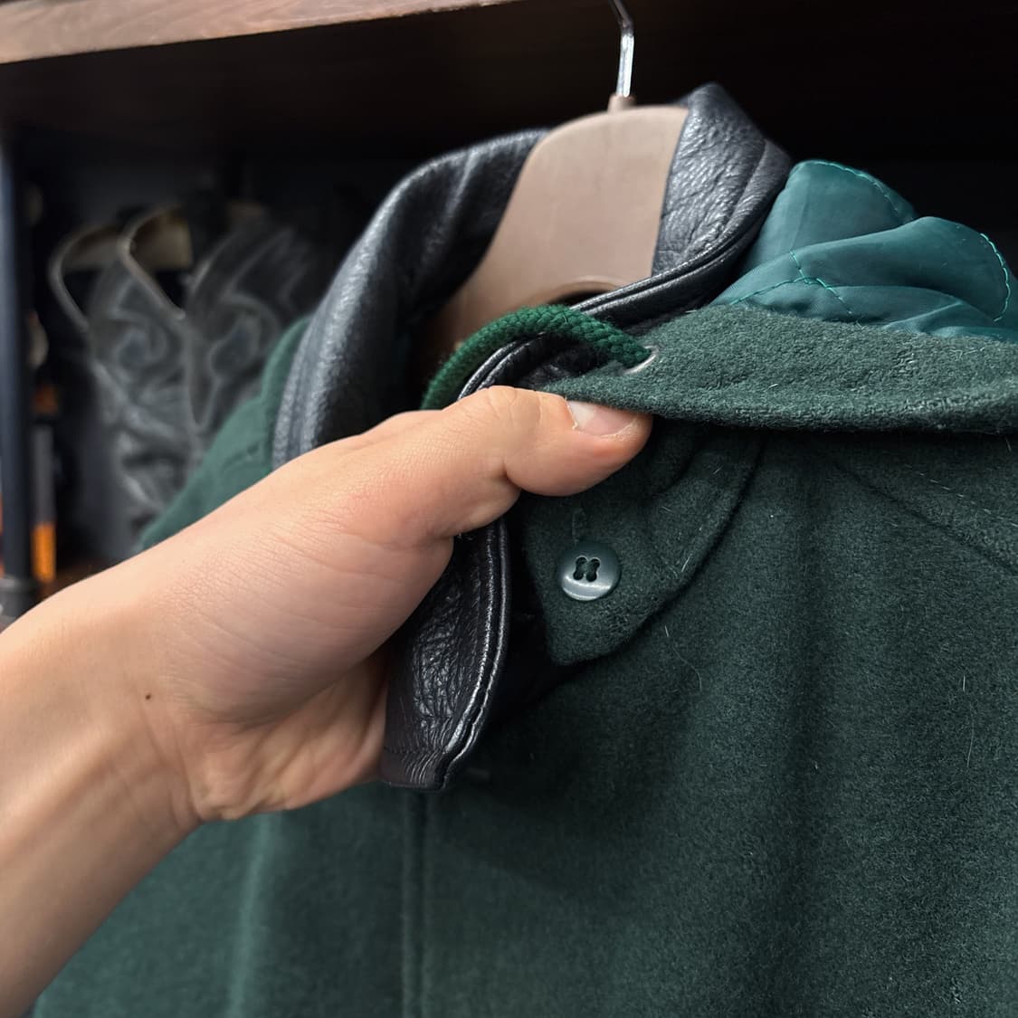 80s 맨즈 플랑드레 엠브로이드 울 레더 후드 바시티 자켓 N936 상품이미지6