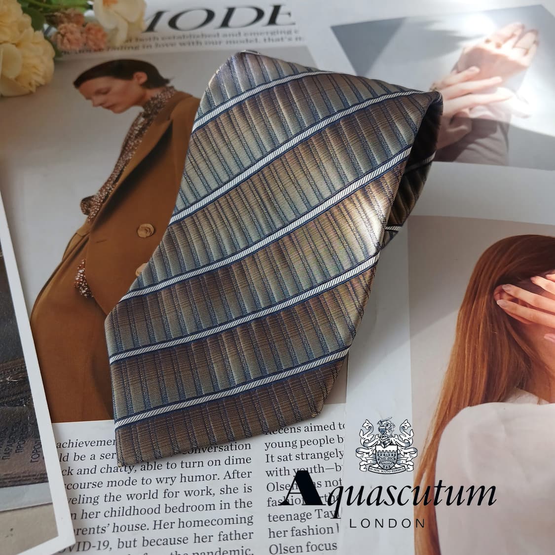 아쿠아스큐텀 실크 브라운 스트라이프 넥타이 9.5cm A등급 A19424 상품이미지2