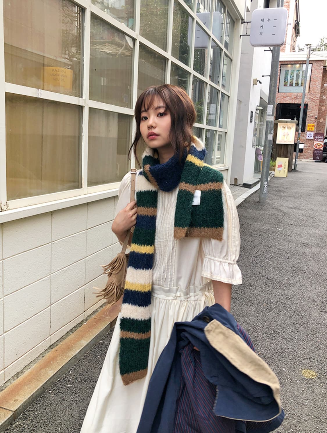 프롬비기닝 배색 니트 머플러 그린 상품이미지1