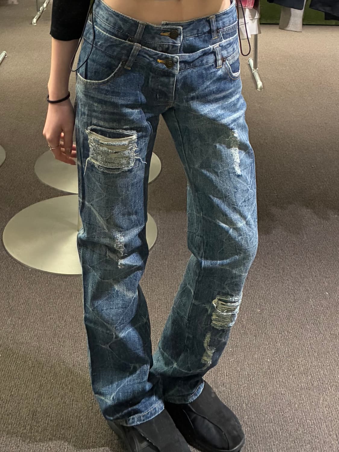 OS)Japanese vintage 여성 데미지 디테일 부츠컷 데님팬츠 상품이미지2