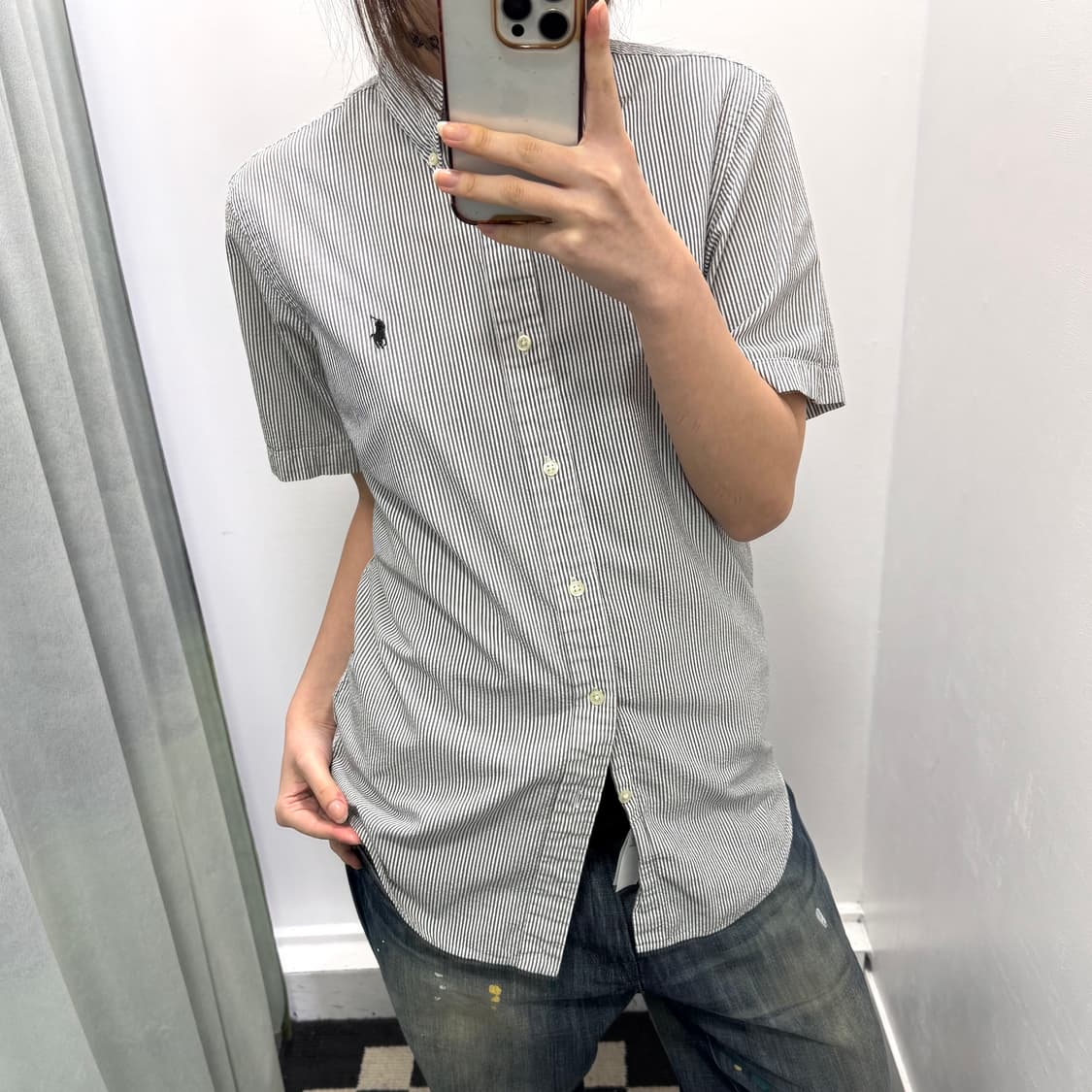 폴로 그레이 시어서커 스트라이프 반팔셔츠 상품이미지1