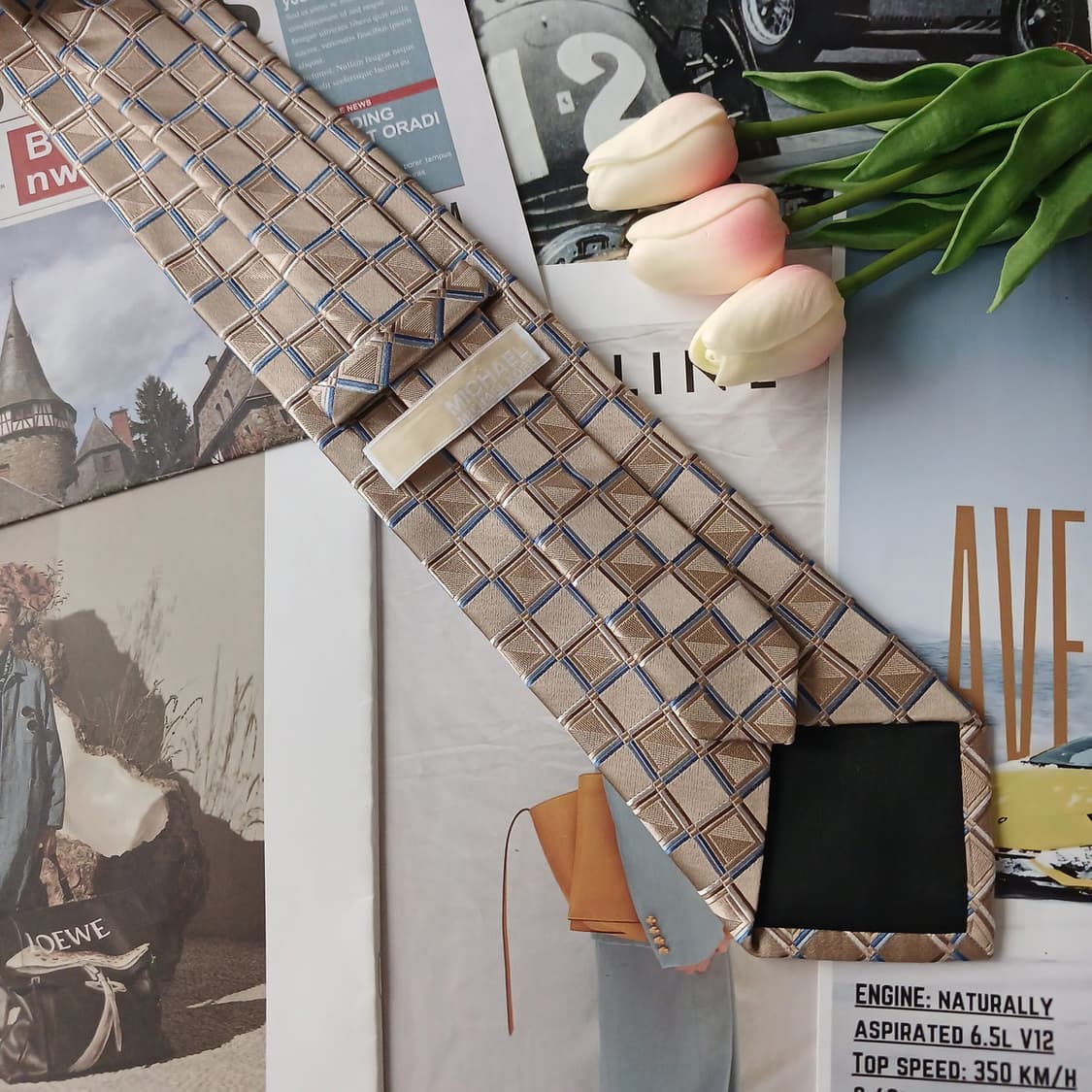 마이클코어스 실크 골드베이지 체크 넥타이 9.1cm A+등급 A18819 상품이미지5