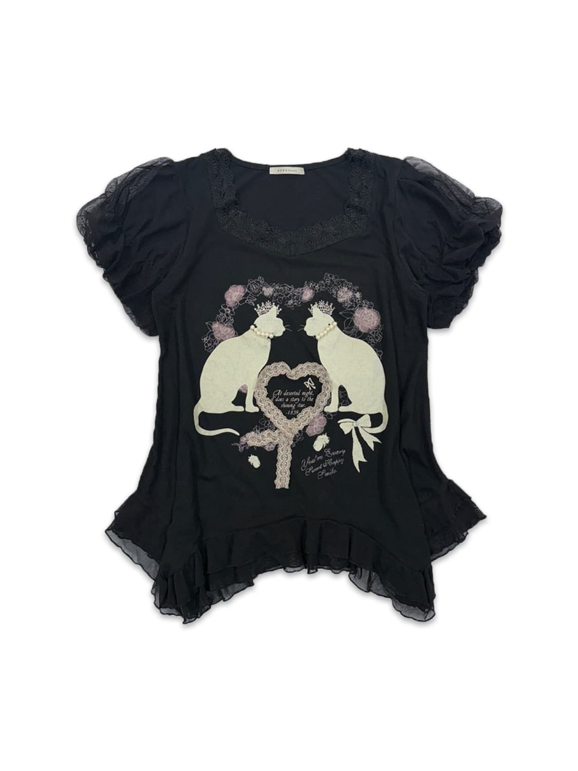 빈티지 Axes Femme 블랙 프릴 고양이 티셔츠 상품이미지1