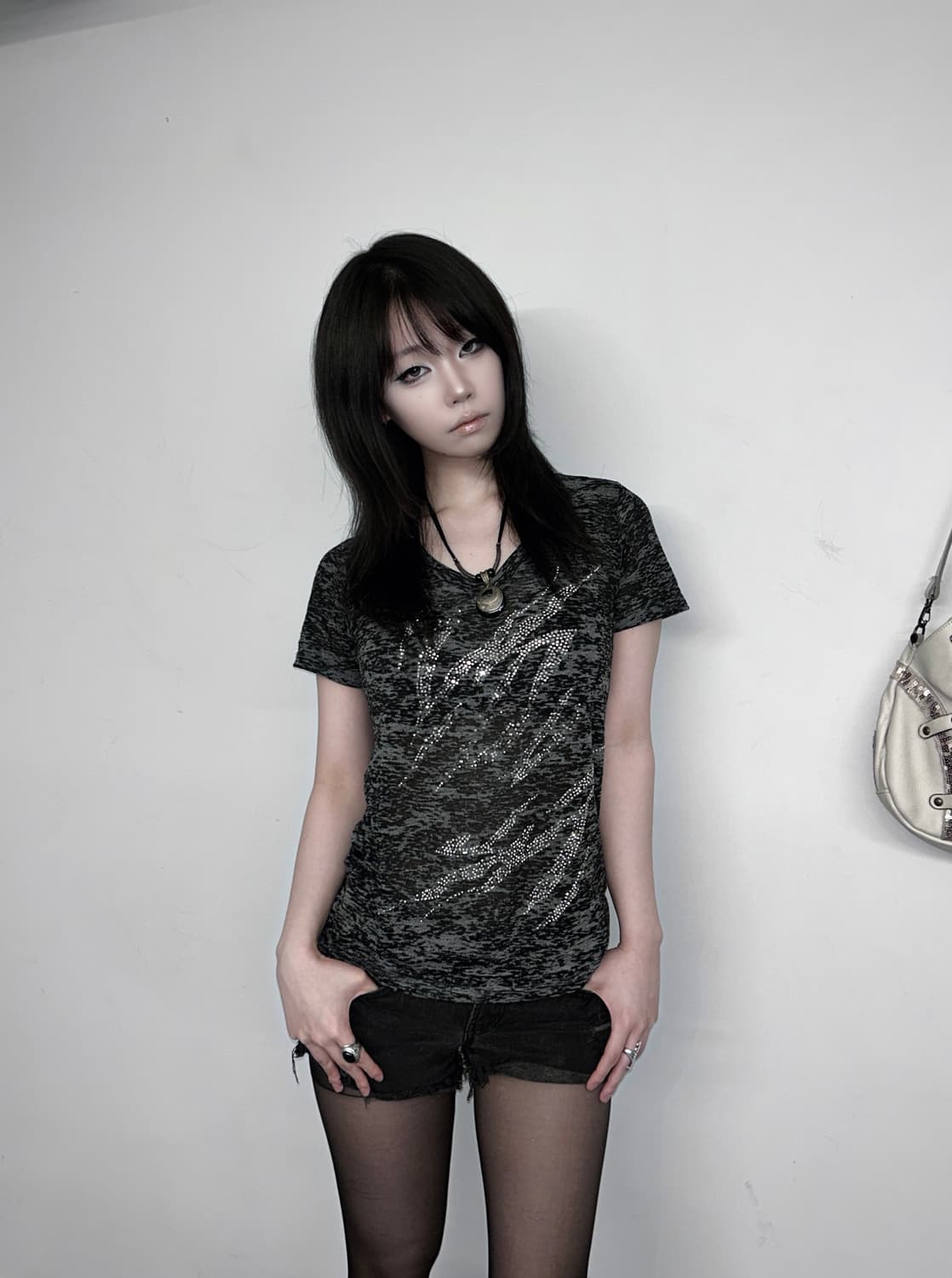 Y2k 펑크 라인스톤 그래픽 슬림 티셔츠 상품이미지1