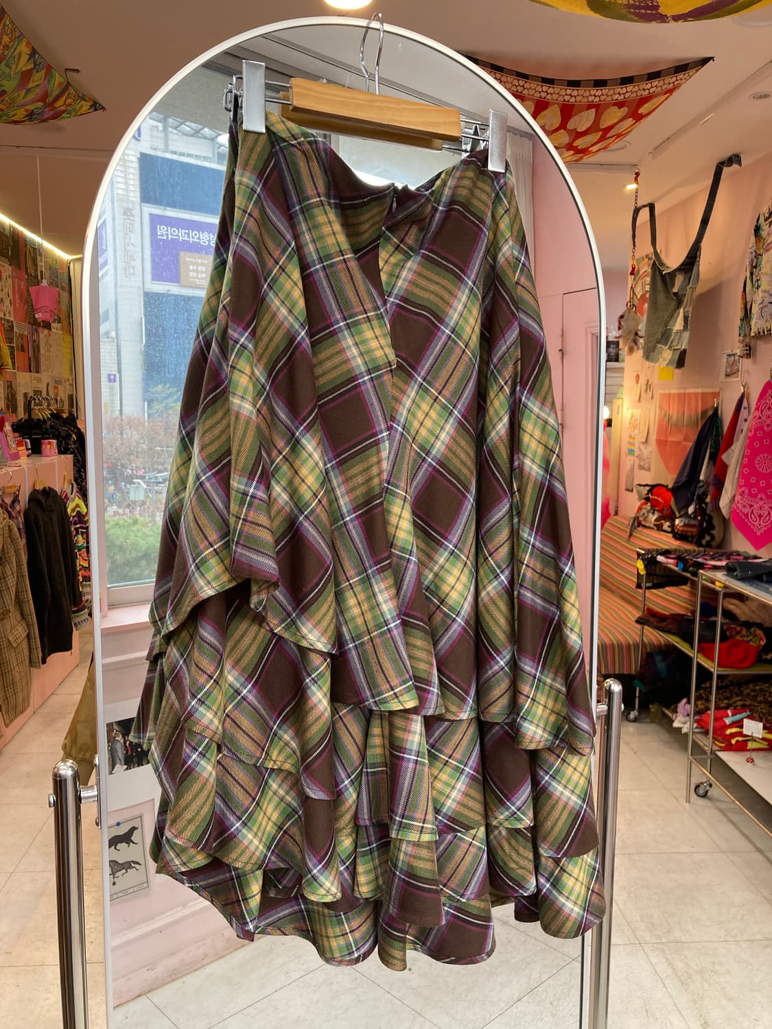 브라운 체크 언발란스 롱스커트 상품이미지5