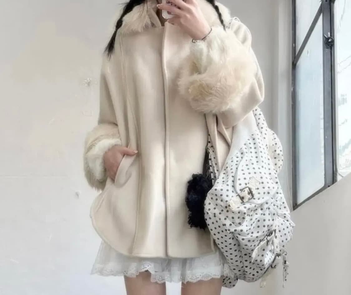 빈티지 베이지 퍼 케이프 코트 망토 판초 상품이미지2