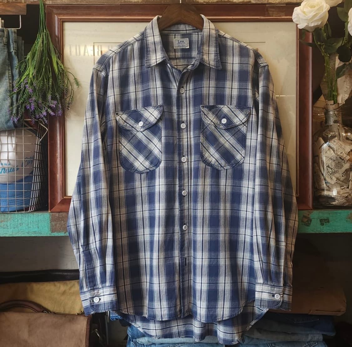 90s lee 빈티지 플란넬 체크셔츠 블루 m 상품이미지1