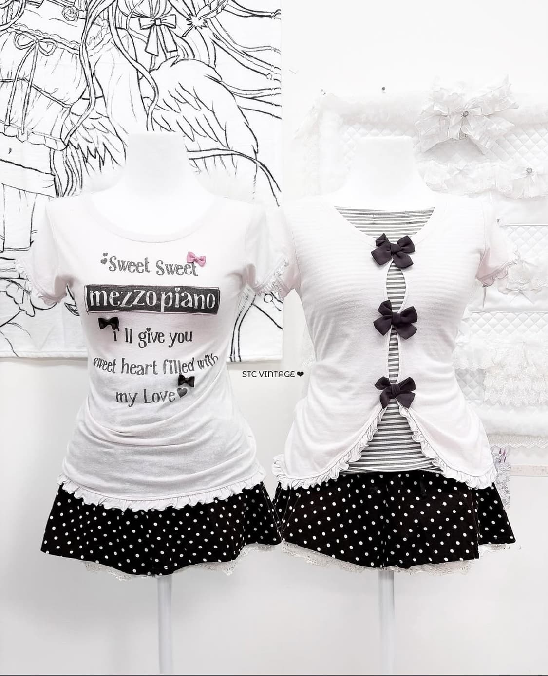 메조피아노 3연리본 프릴 스트라이프 핑크 반팔 상품이미지1