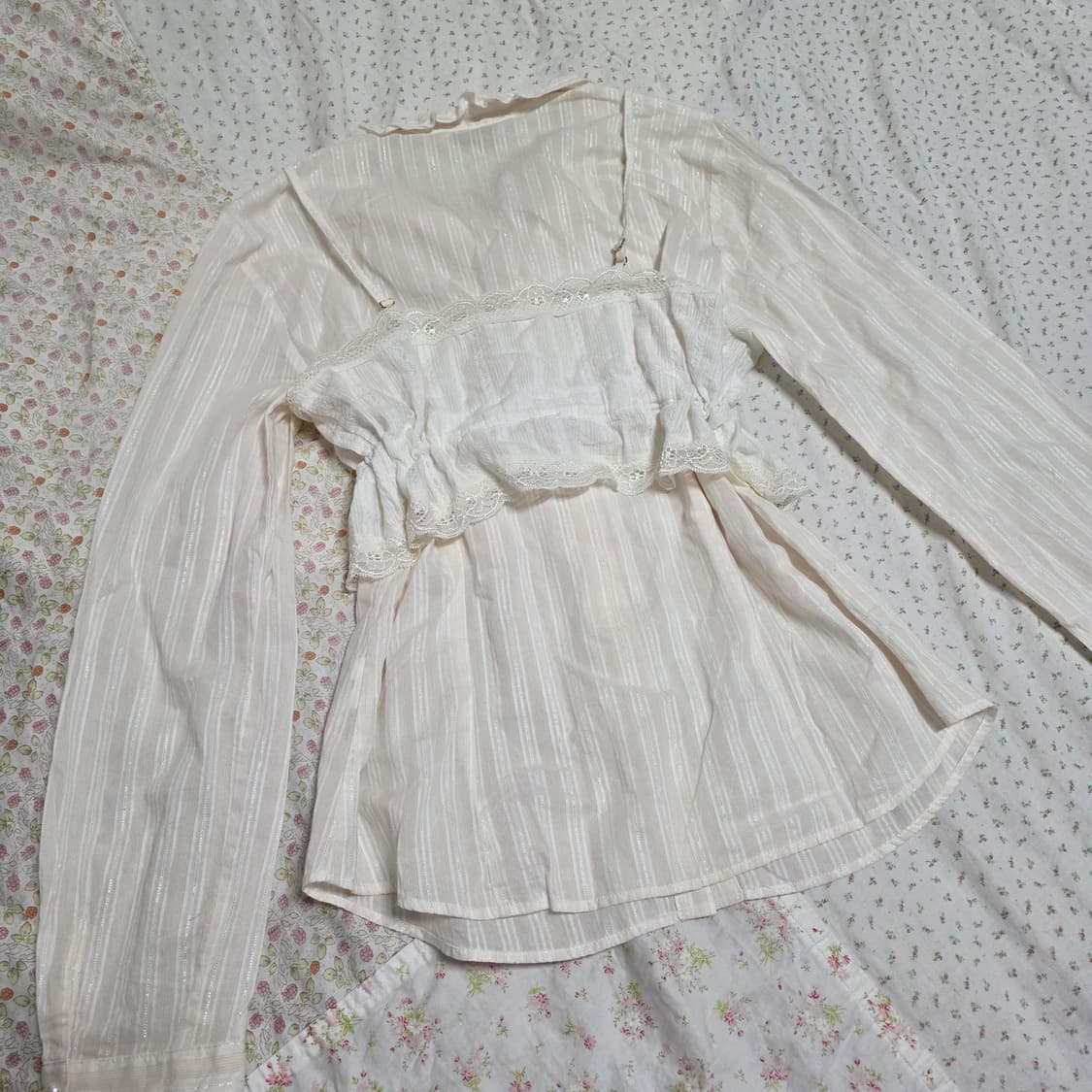 빈티지 핑크 실버 스트라이프 레이스 셔츠 슬립 세트 히메갸루 일브 상품이미지6