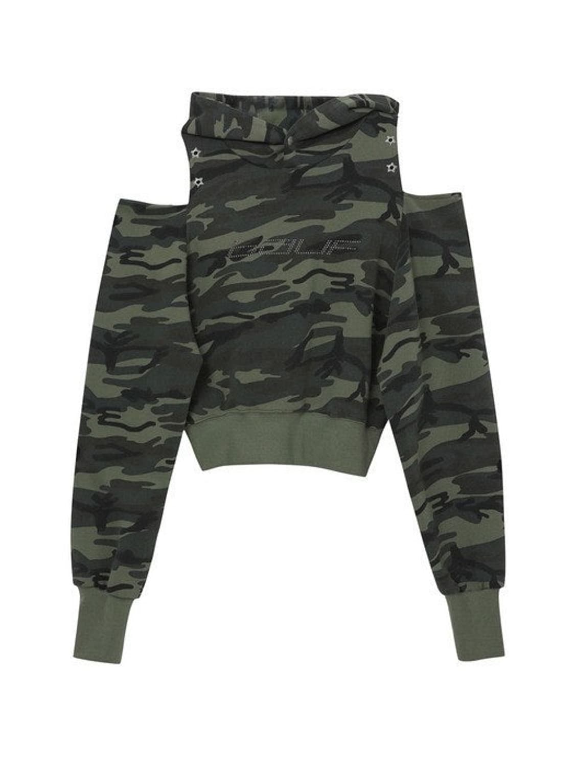 바우프 카모 컷아웃 오프숄더 크롭 후드 상품이미지1