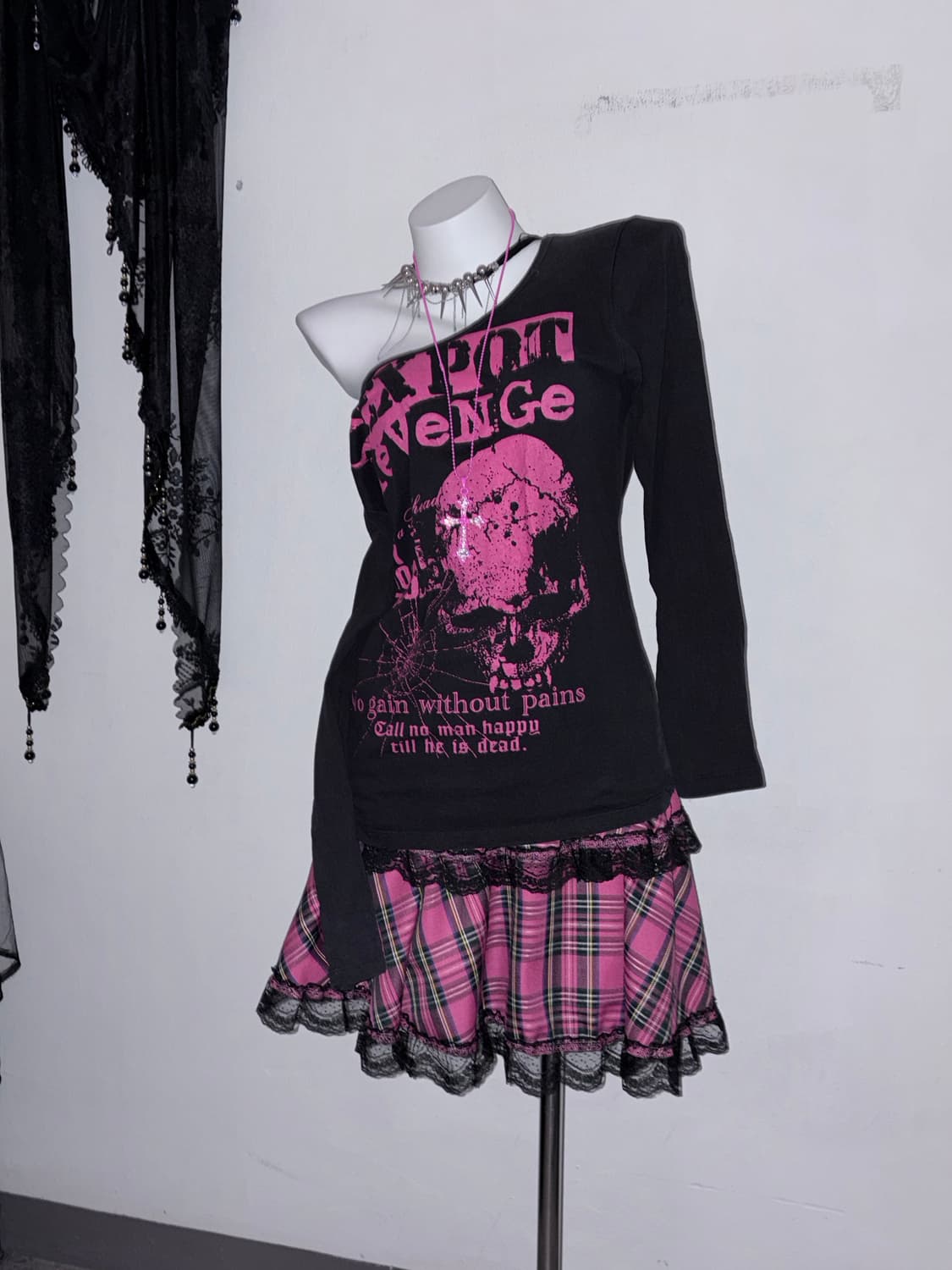섹스팟리벤지 핫핑크 해골 롱슬리브 스컬 갸루펑크 00s 상품이미지1