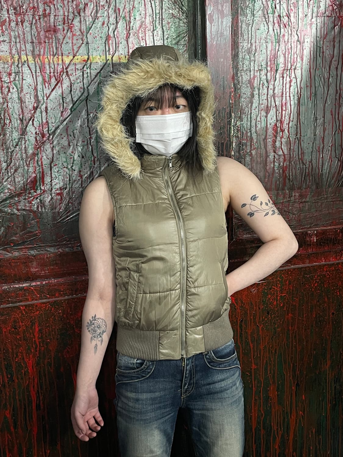 일본 빈티지 퍼 후드 패딩조끼 울프죠 갸루 패딩 베스트 M 상품이미지1