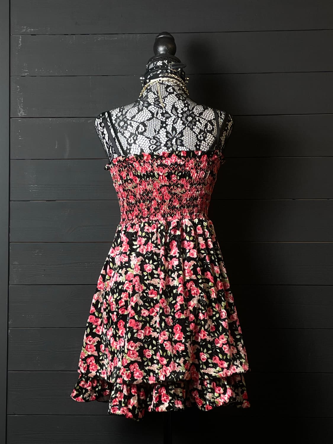 JPN 레드 핑크 플라워 패턴 블랙 나시 원피스 상품이미지3