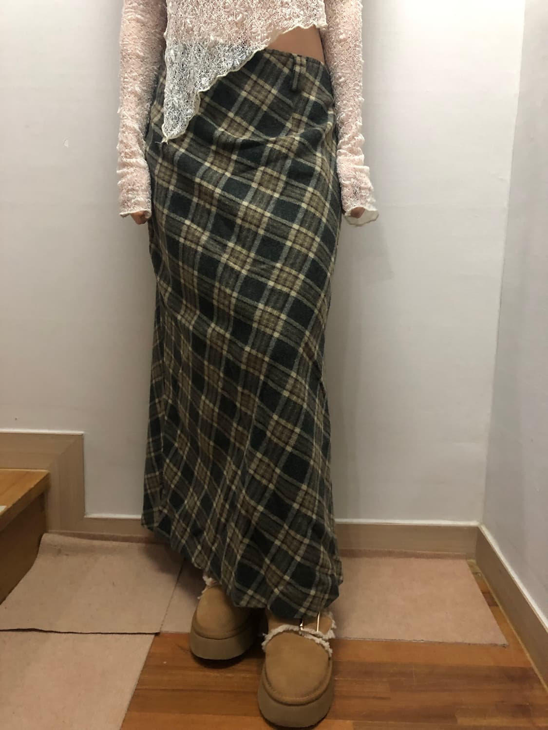 빈티지 그린 체크 울 롱 스커트 상품이미지3