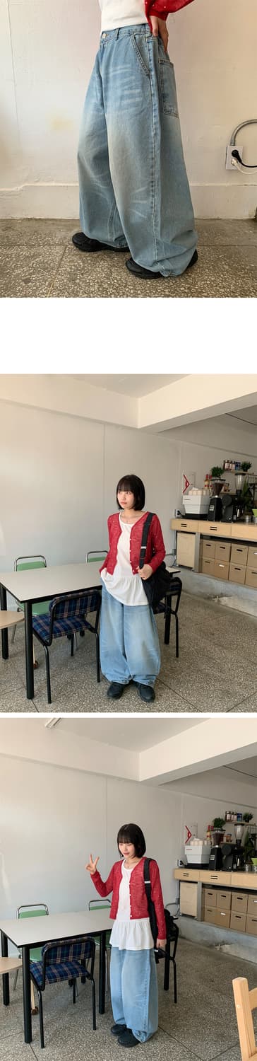 바온 밴딩 캣 워싱 벌룬 핏 와이드 데님 팬츠 청 바지 연청 상품이미지2