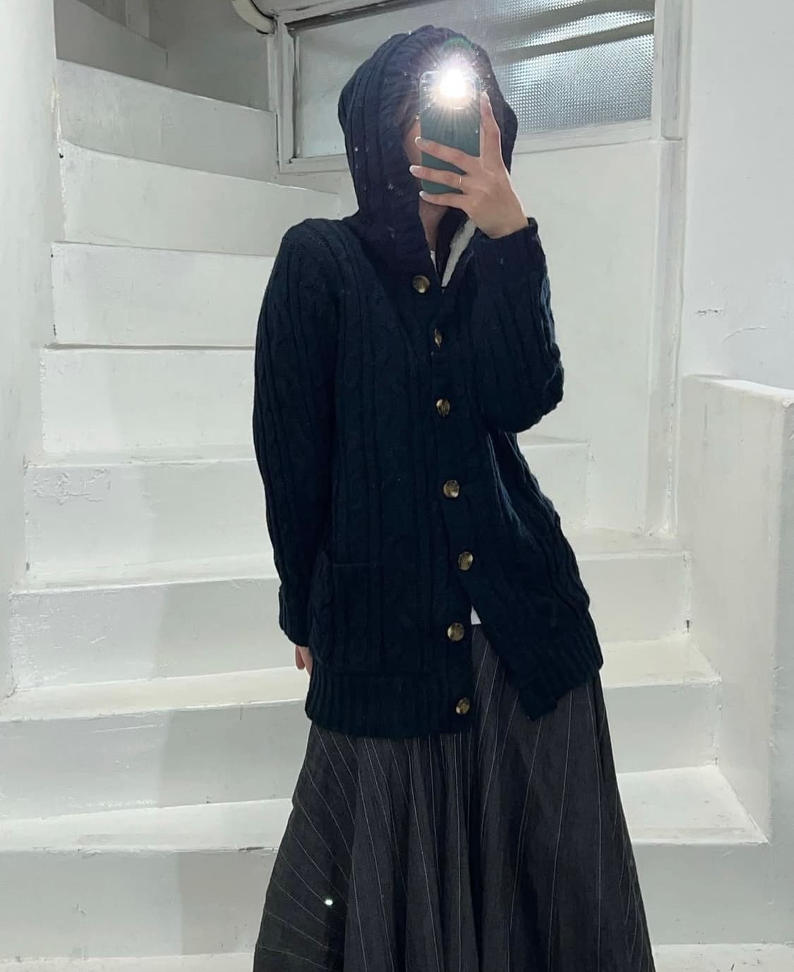 빈티지 퍼 후드 가디건 - navy 상품이미지1