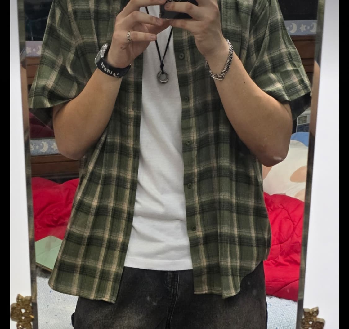 스탠다드에러 빈티지 포레스트 오버핏 반팔 타탄 체크 셔츠 그린 상품이미지1