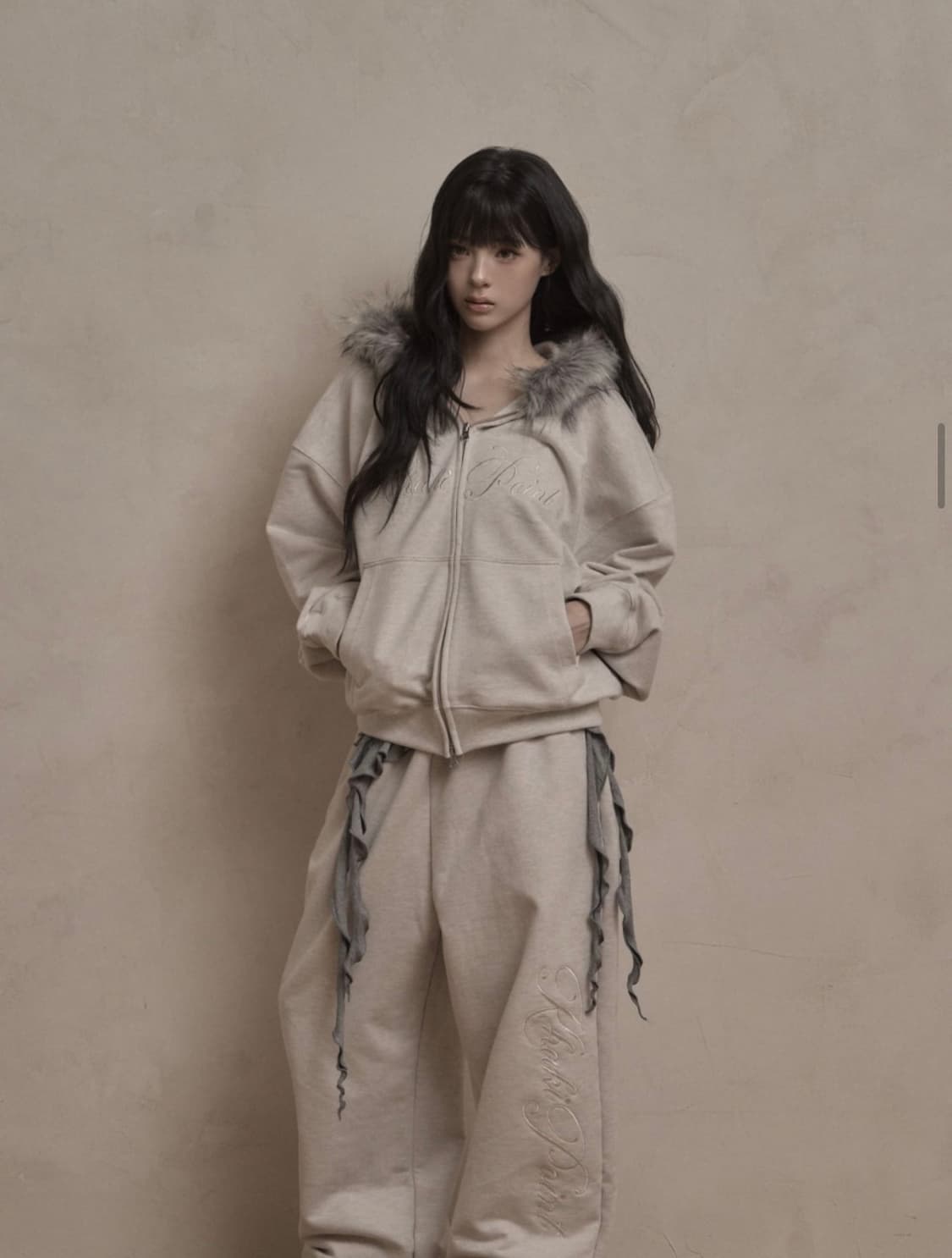 카키포인트 레터링 퍼 후드집업 오트밀 상품이미지3