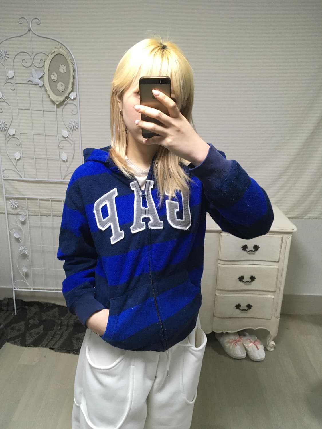 jpn vintage Gap 블루 스트라이프 후리스 후드 집업 상품이미지2