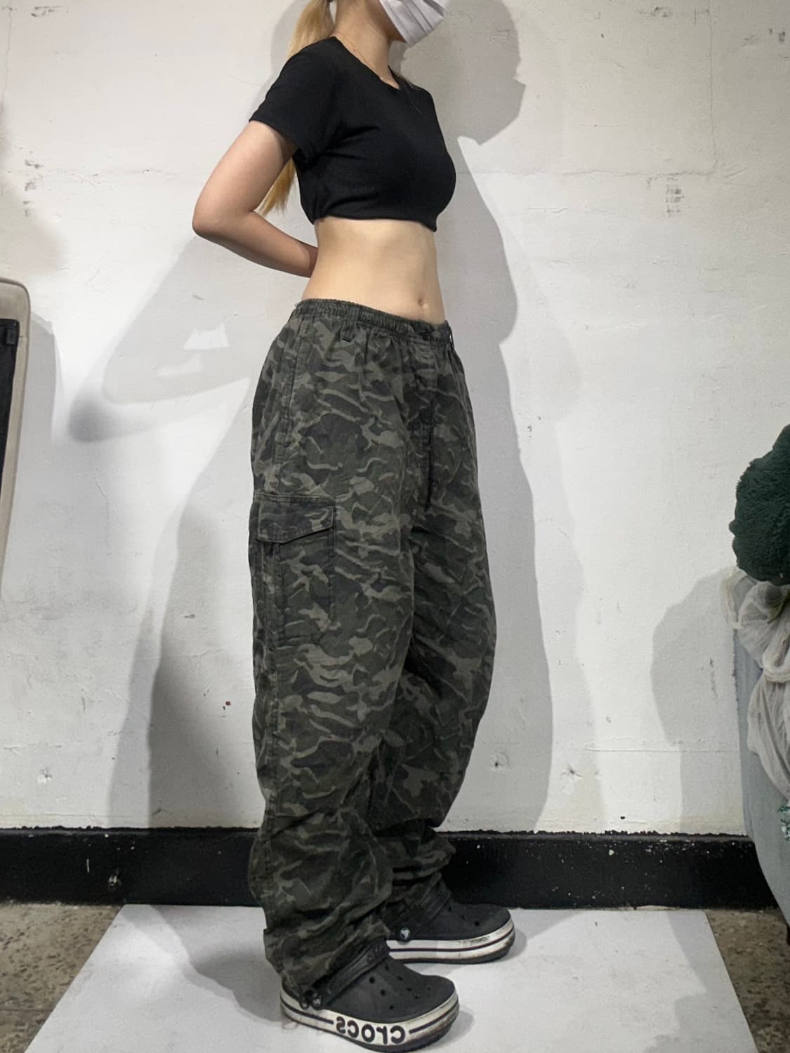 일본 빈티지 카키 카모 밀리터리 와이드 카고 팬츠 L 상품이미지1