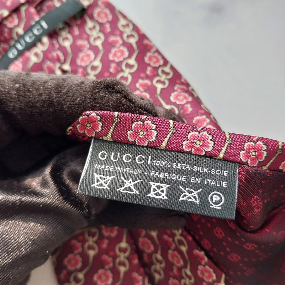 구찌 실크 와인 홀스빗&플라워 패턴 넥타이 8.4cm A+등급 K1823 상품이미지9