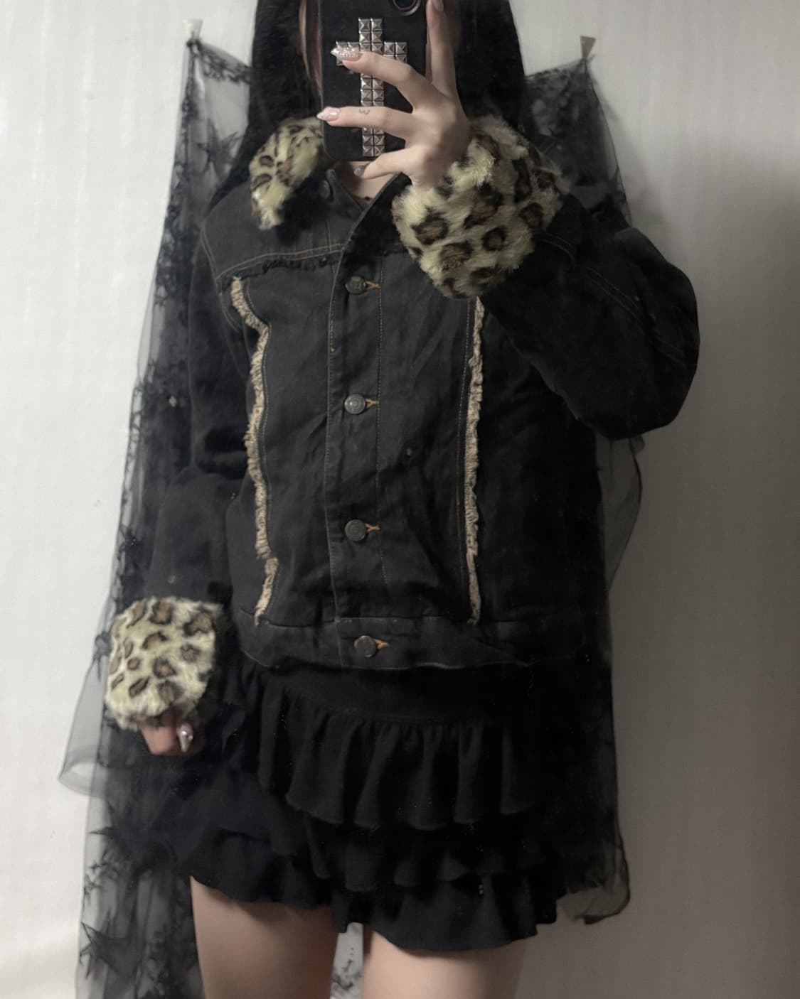y2k 레오파드 퍼 포인트 데님 자켓  상품이미지1