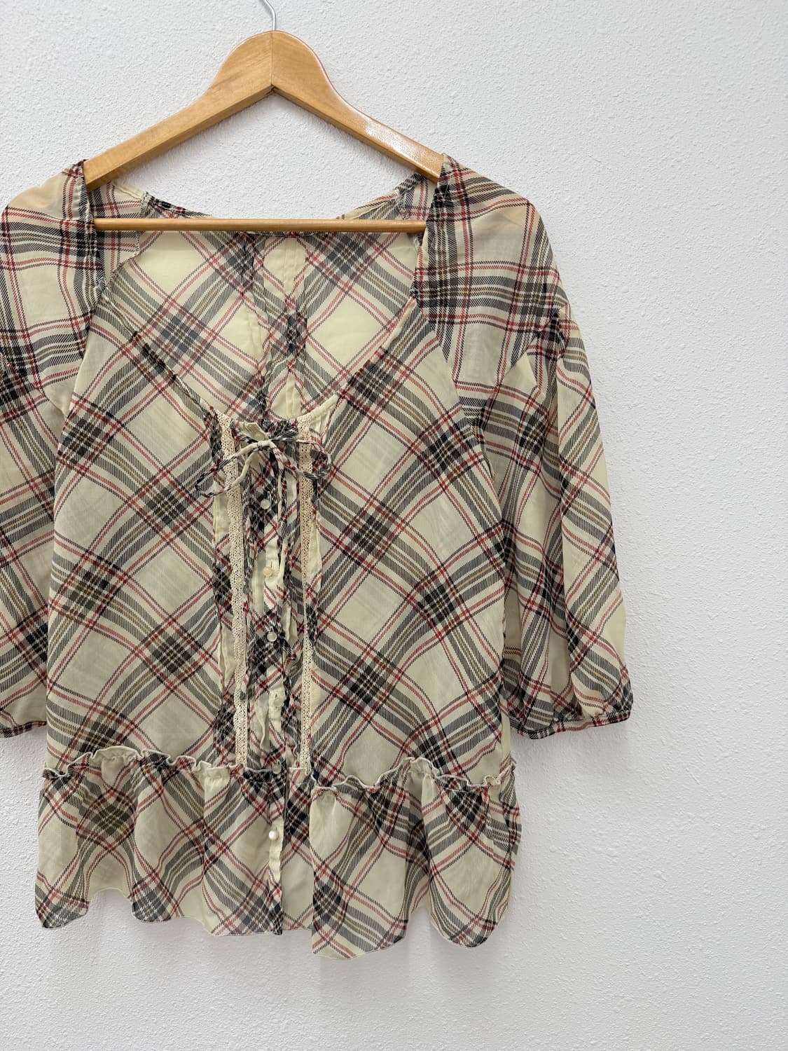 빈티지 olive des olive 체크 시스루 프릴 블라우스 상품이미지2