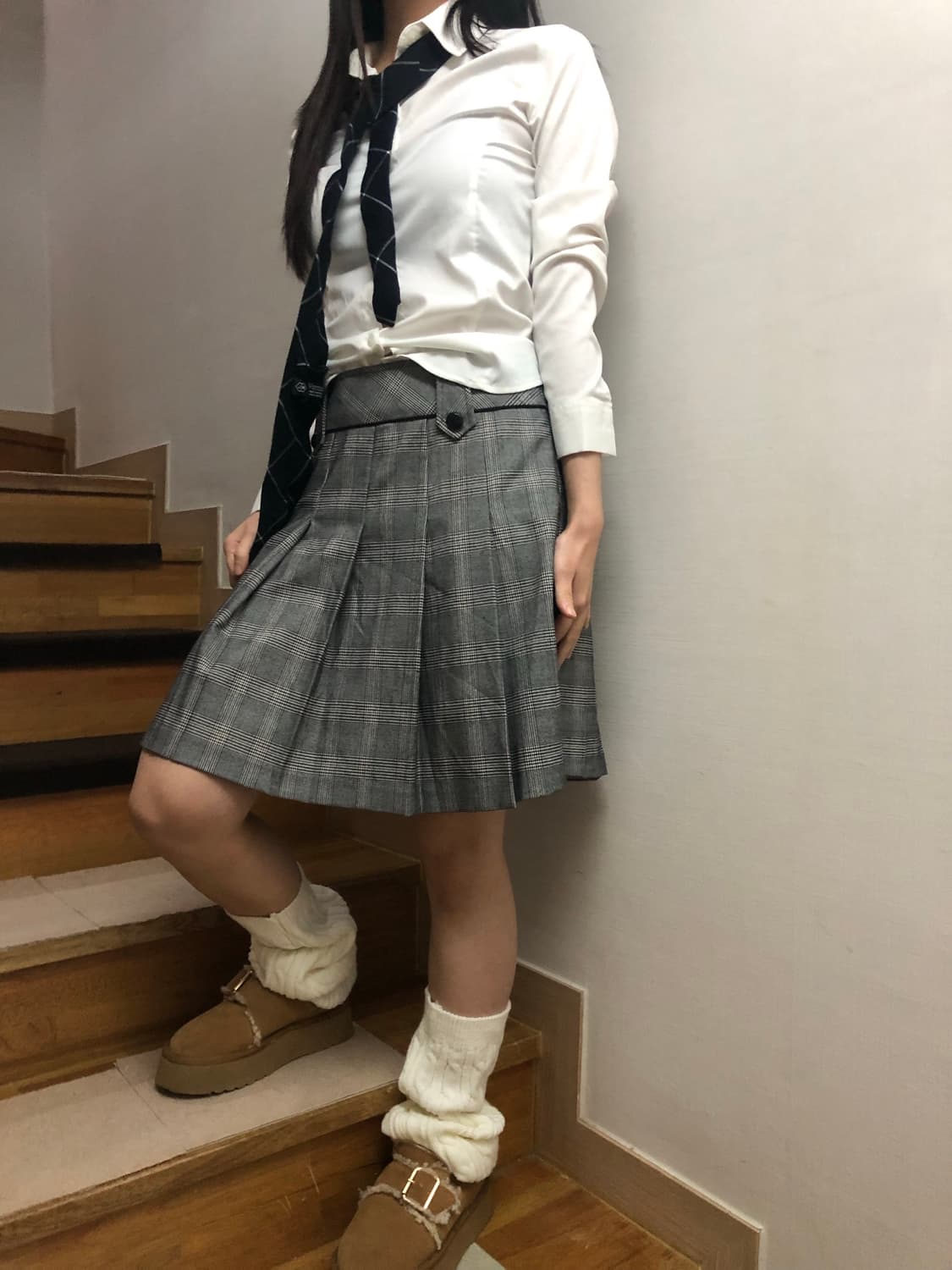 빈티지 그레이 체크 플리츠 미디 스커트 상품이미지8